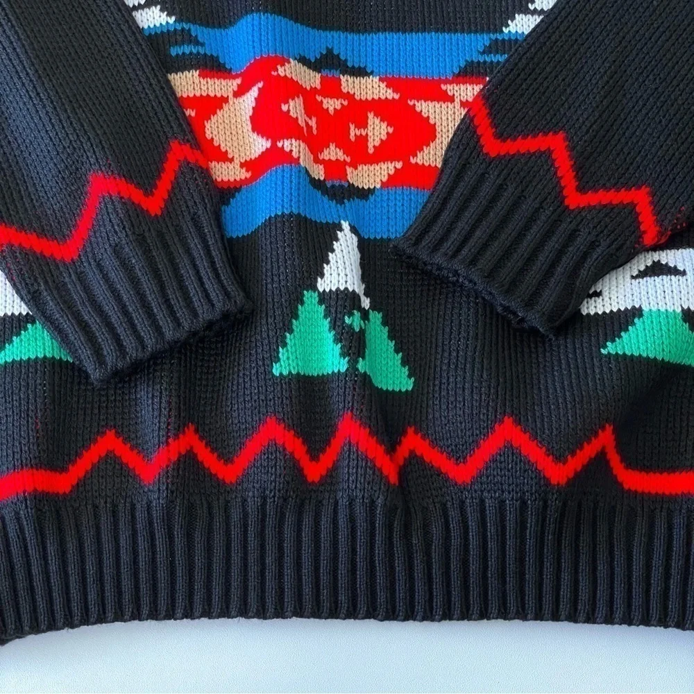 Vintage 90s Mock Neck Patterned Knit Pullover Sweater Black Multicolor Medium